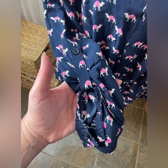 Crown & Ivy Size L Dress Llama Print Roll Tab Sleeve Drawstring Front Button - Picture 9 of 10